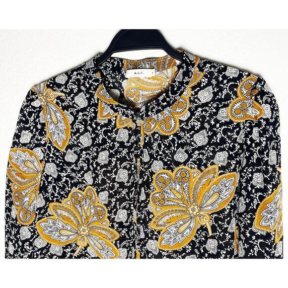 A.L.C. Women's Floral Lox Silk Top Black Gold Keyhole/V Neck Long Sleeve Peplum - Picture 7 of 13